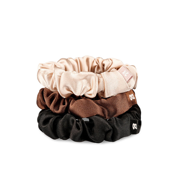 Drei S Seiden Scrunchies in beige, braun und schwarz