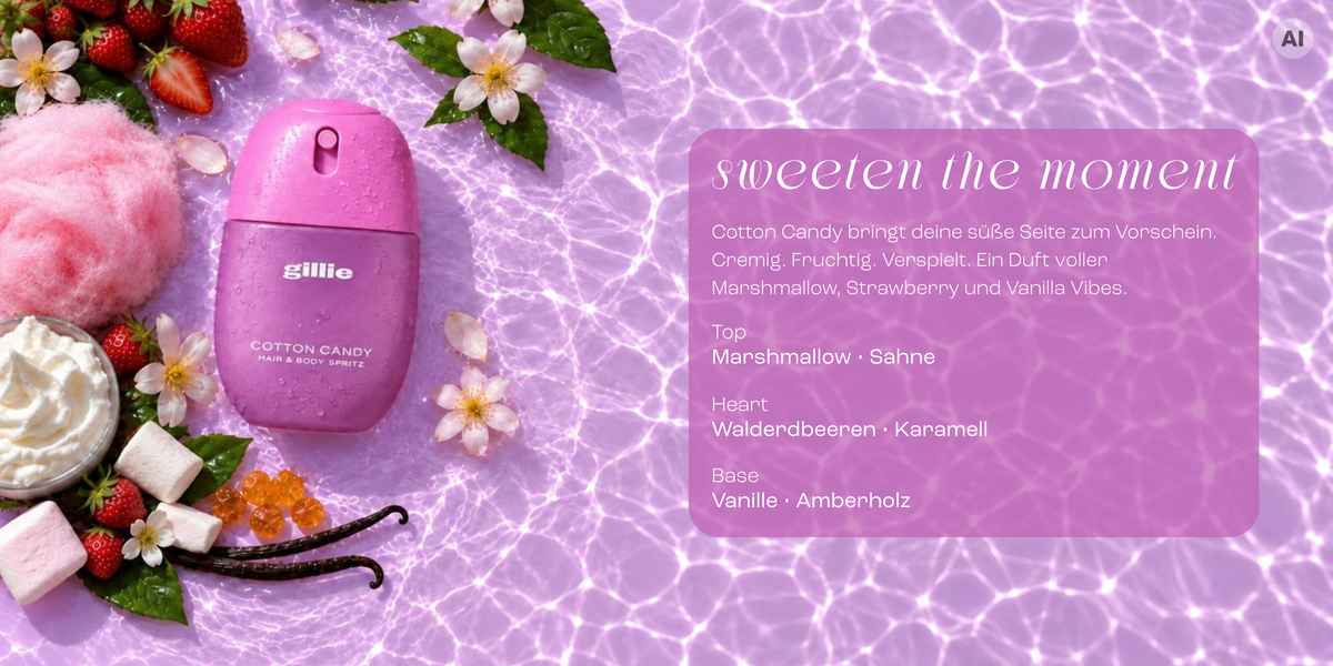 gillie Cotton Candy Hair & Body Spritz auf pinkem Wasser mit Erdbeeren, Marshmallows, Vanille, Sahne und Blüten.