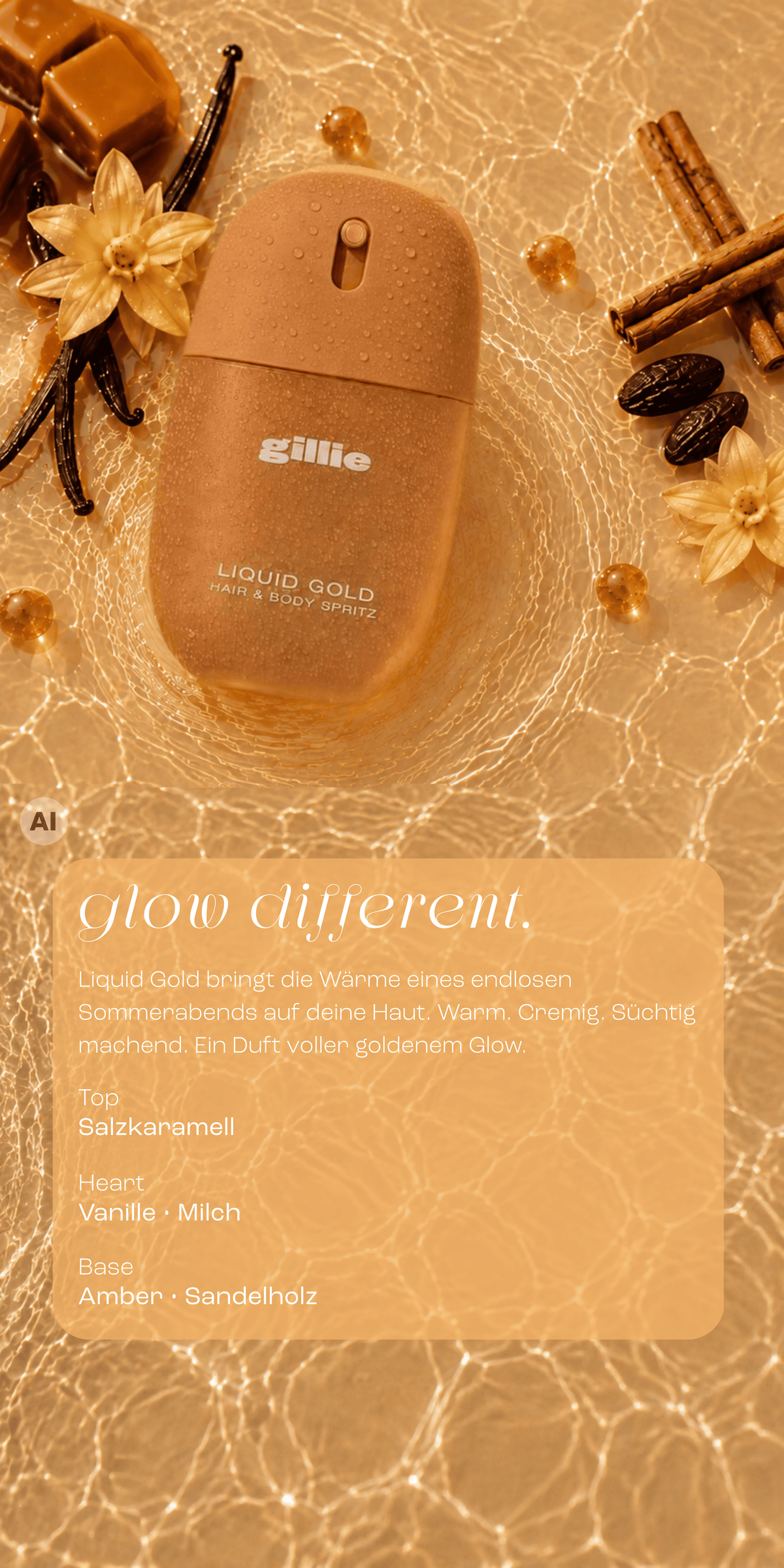 gillie Liquid Gold Hair & Body Spritz mit Vanille, Karamell und Amber auf goldenem Wasser mit Duftpyramide.