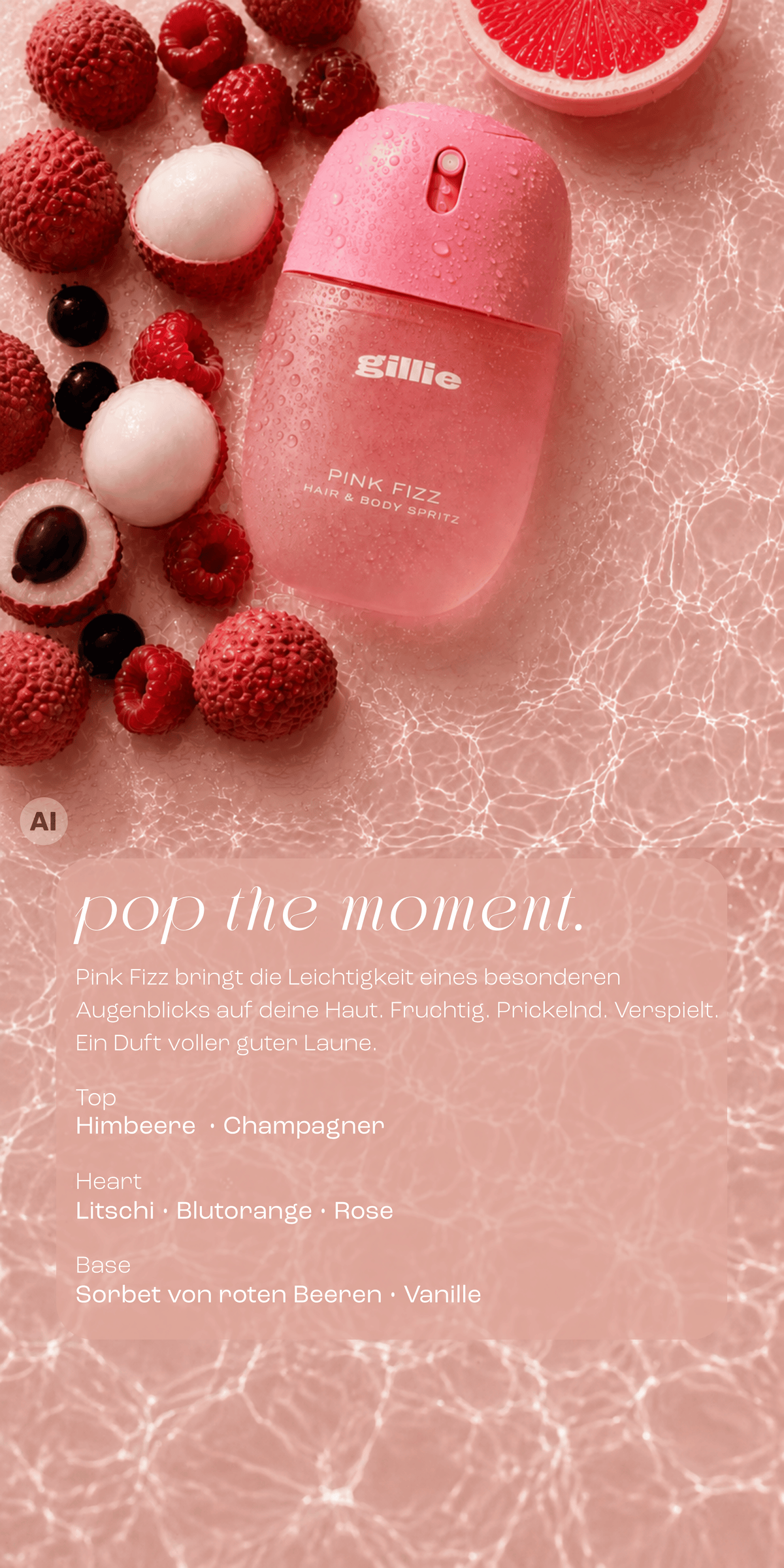 gillie Pink Fizz Hair and Body Spritz mit Himbeeren und Litschis auf schimmerndem Wasser mit Duftpyramide.